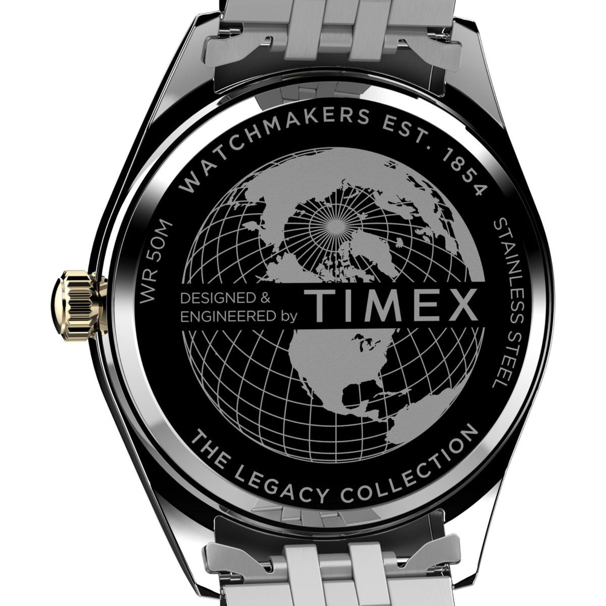 Stainless steel watch case back with globe engraving and The Legacy Collection text