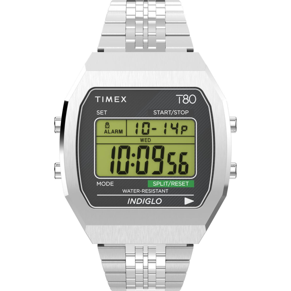 Timex T80 digital steel quartz watch with green LCD display and metal bracelet