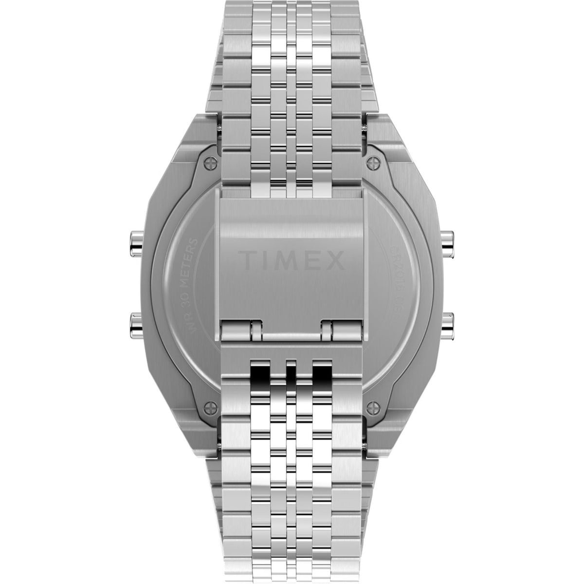 Timex T80 digital watch face with LCD module view and silver metal bracelet