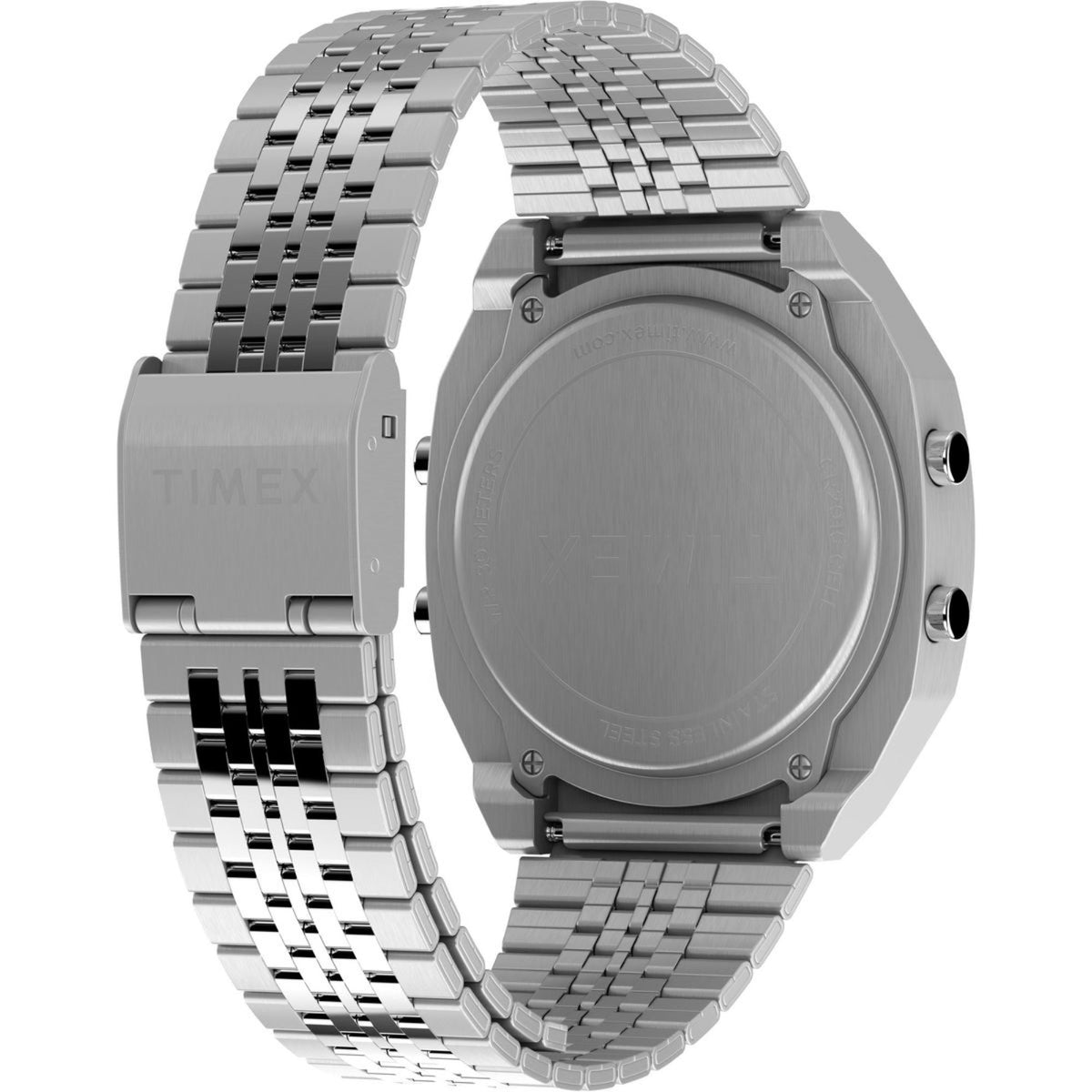Timex T80 stainless steel watch with metal bracelet, angled view of case and strap