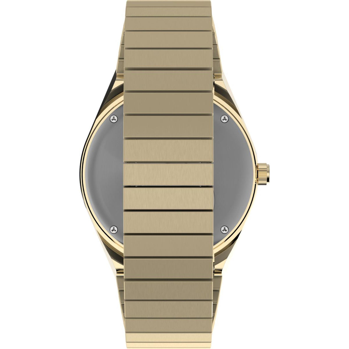Gold-tone steel watch case profile with ridged bezel and side crown
