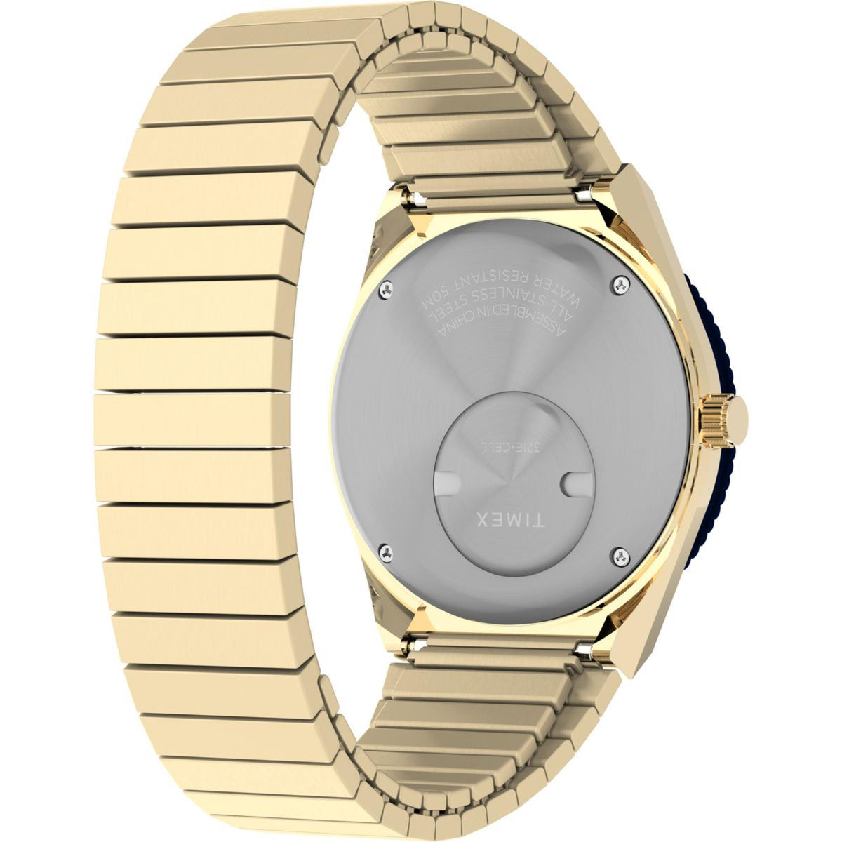 Gold-tone steel caseback with bracelet links and blue bezel accents
