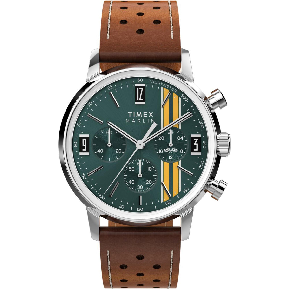 Men's chronograph watch with green dial, silver case, and brown leather strap