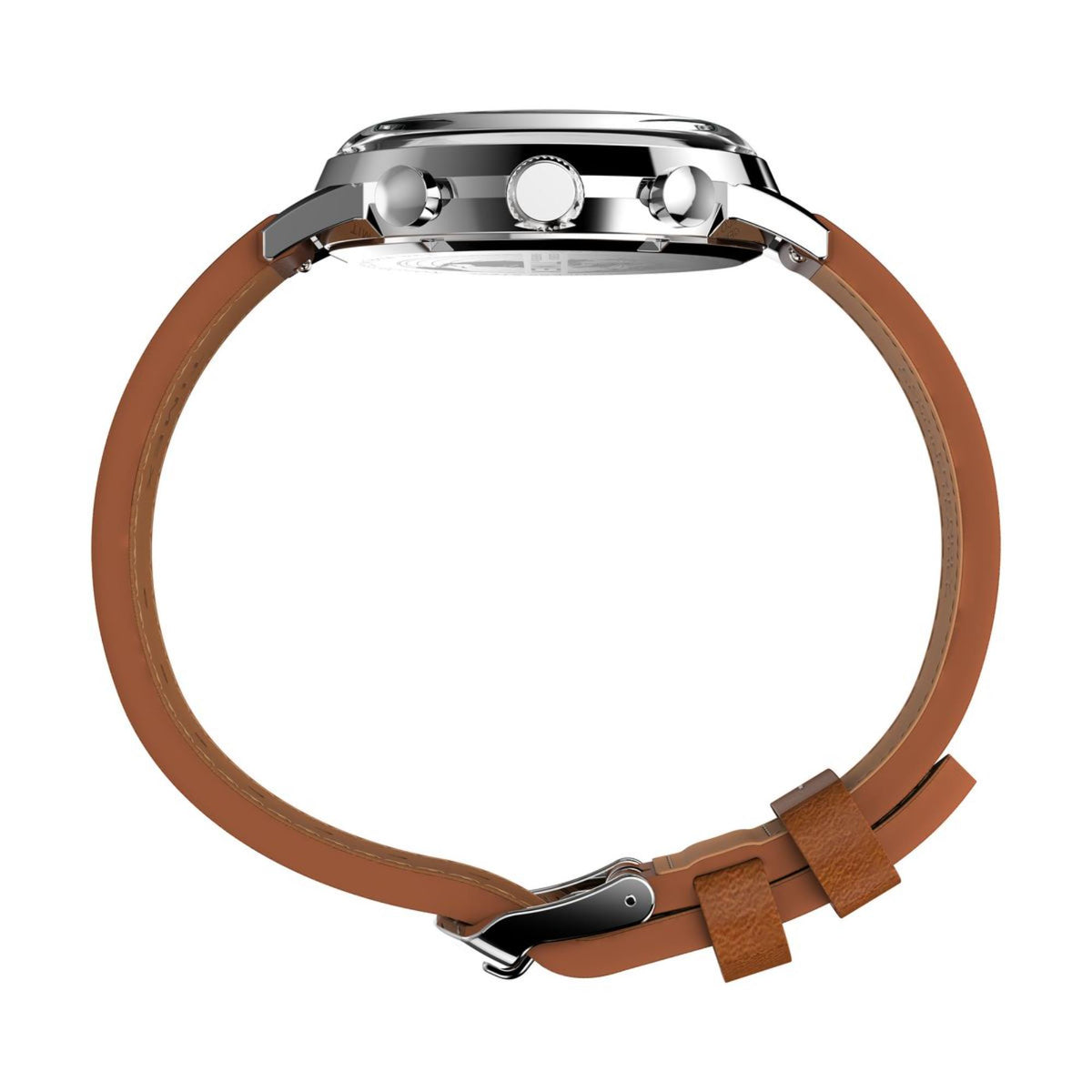 Brown leather watch strap with buckle and silver case side view