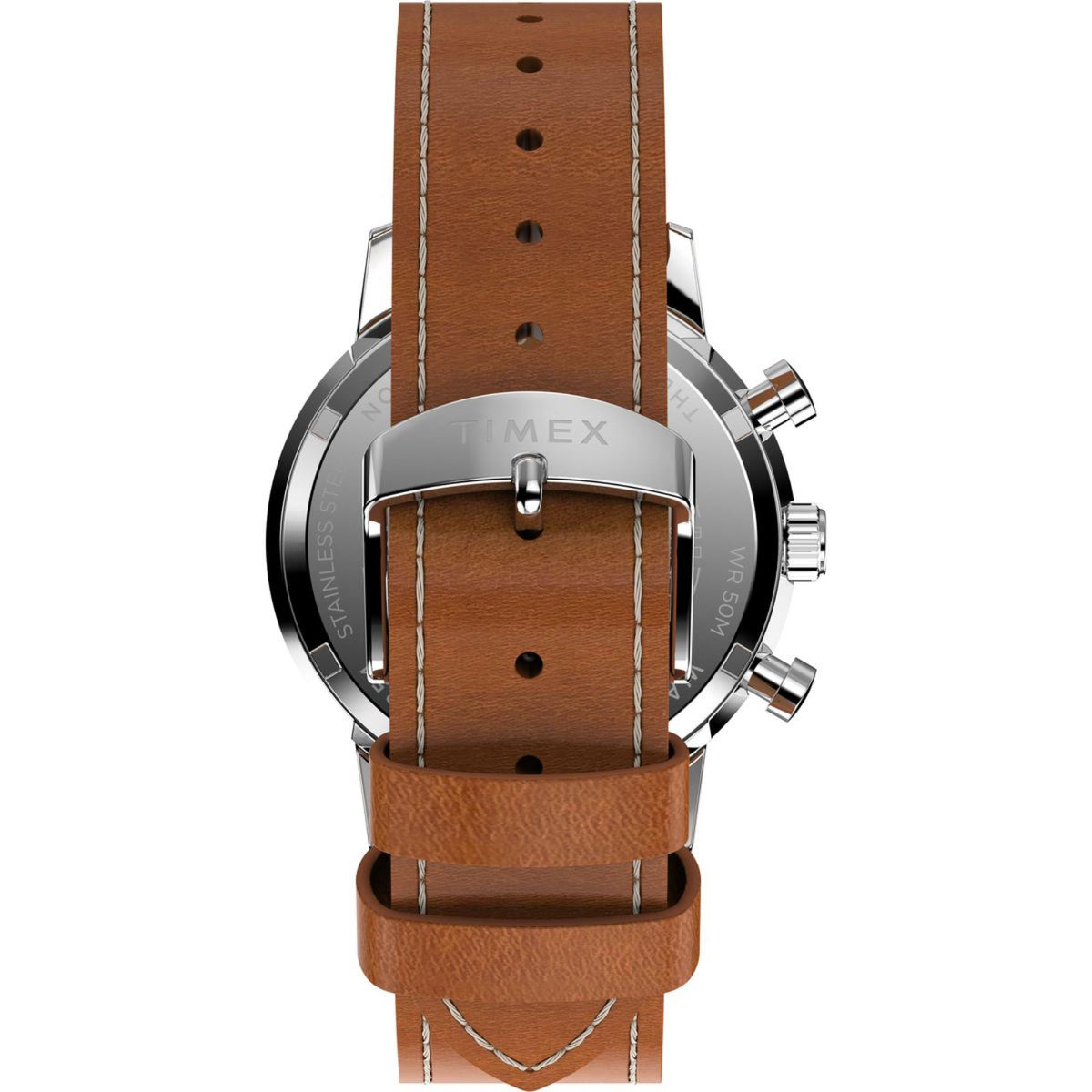 Round silver watch caseback with brown leather strap and side chronograph pushers