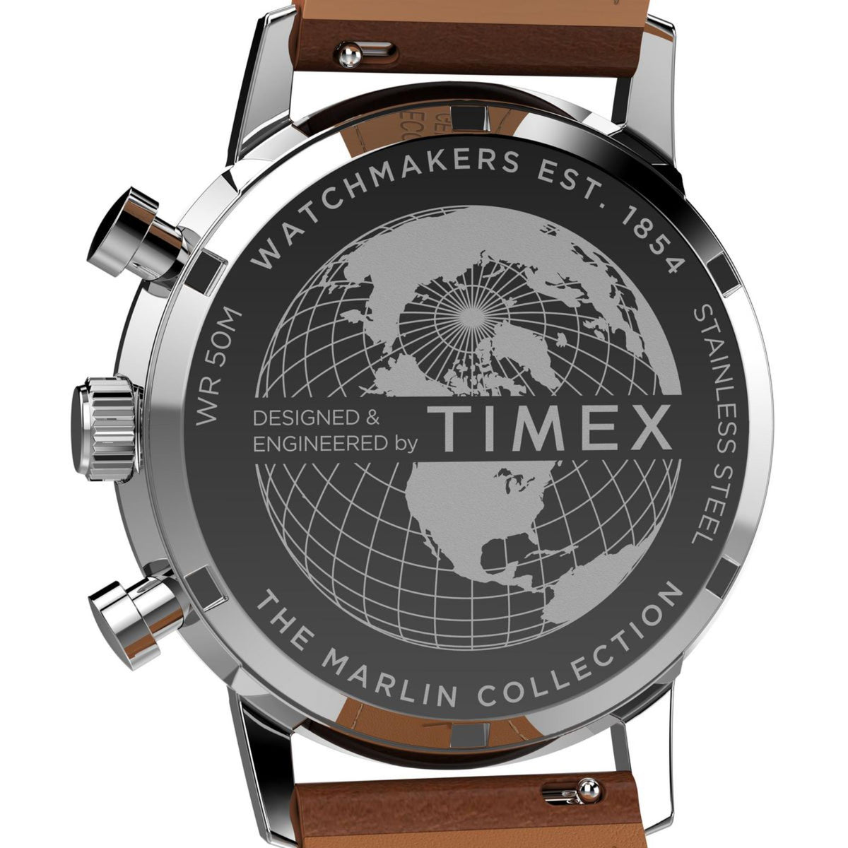 Silver caseback engraving with world map graphic and brown leather strap