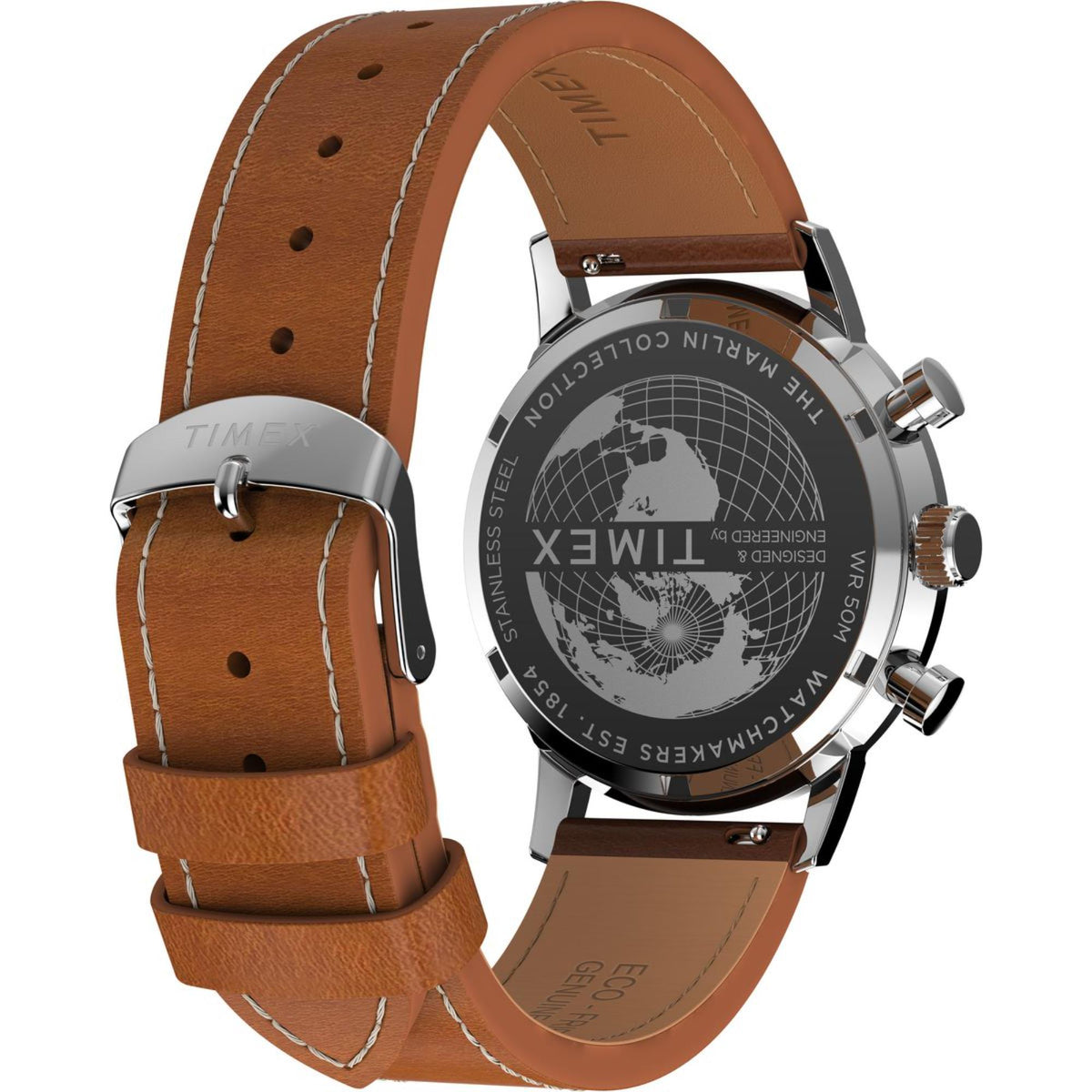 Angled view of silver caseback and brown leather strap with buckle detail