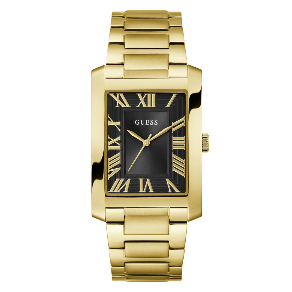 Gold-tone stainless steel men’s watch with black dial, Roman numerals, and bracelet.