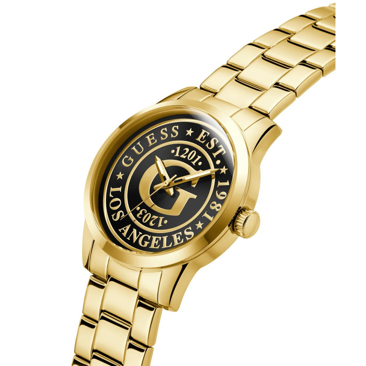 Men's gold-tone stainless steel watch with black dial, angled view