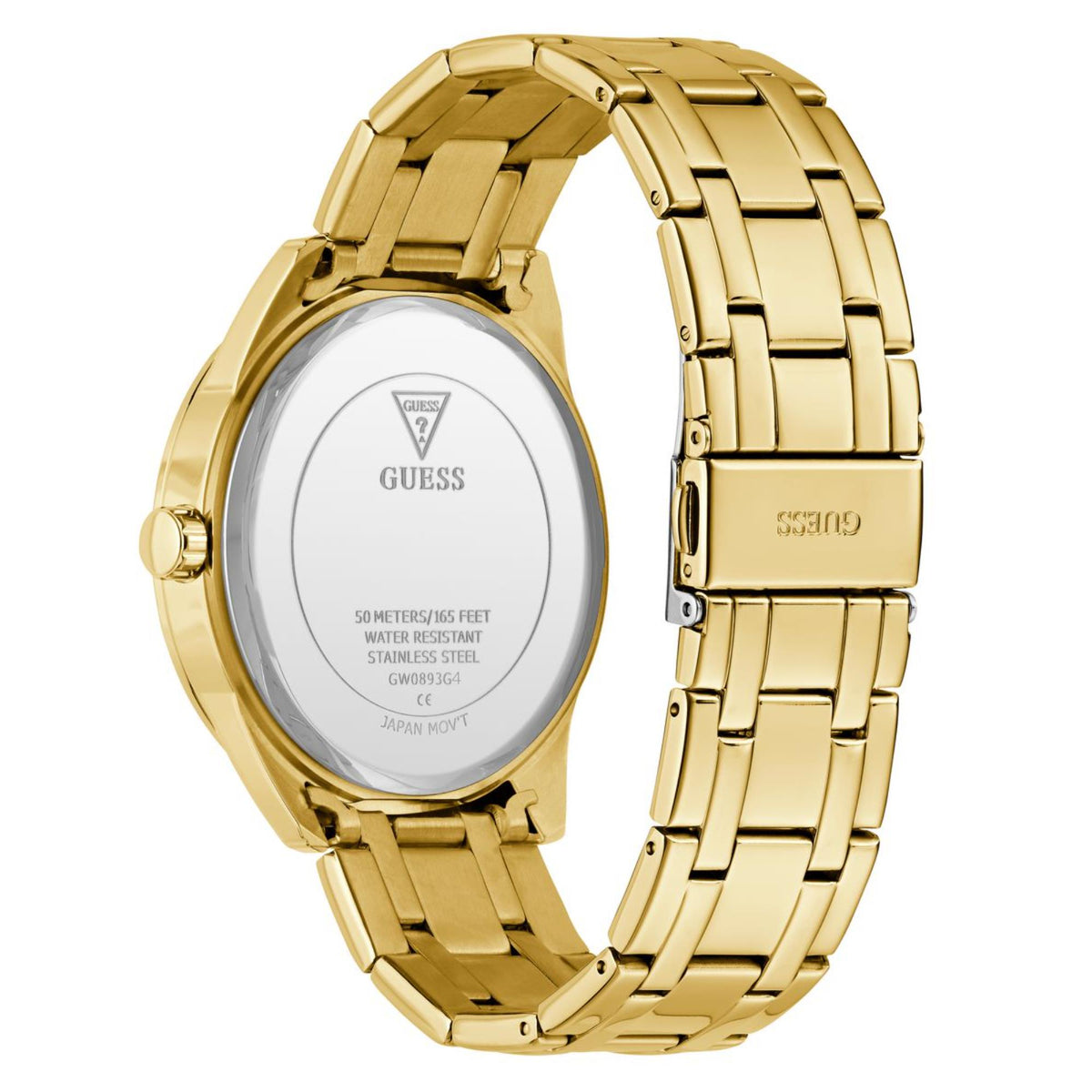 Gold-tone men's watch back with metal case, clasp, and engraved markings