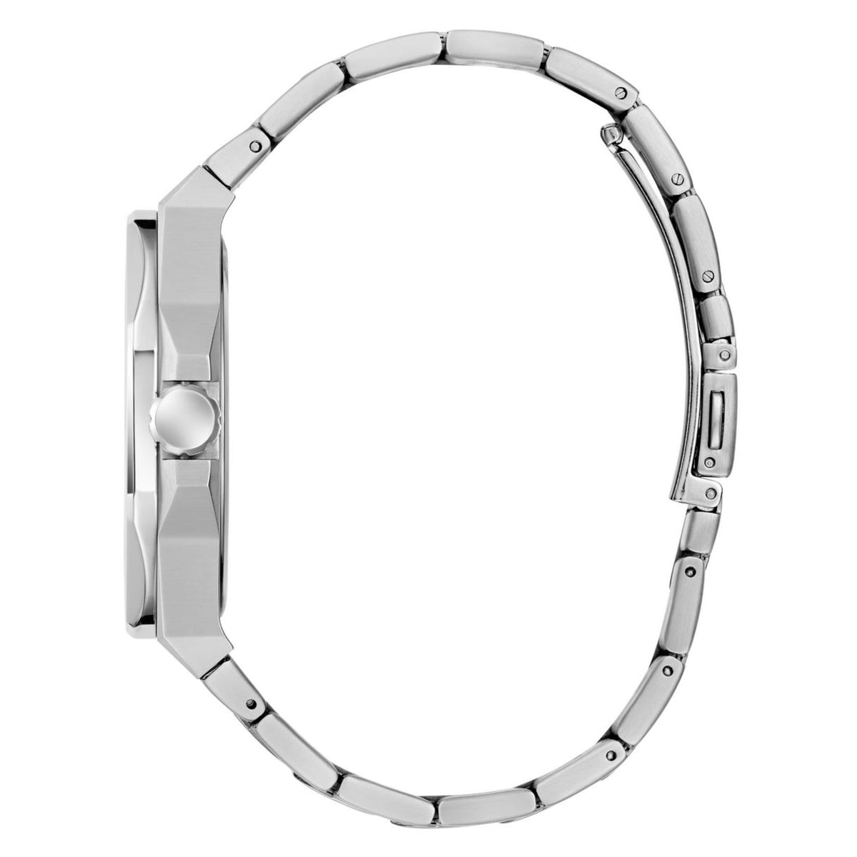 Stainless steel men’s watch side view showing case thickness and metal bracelet links