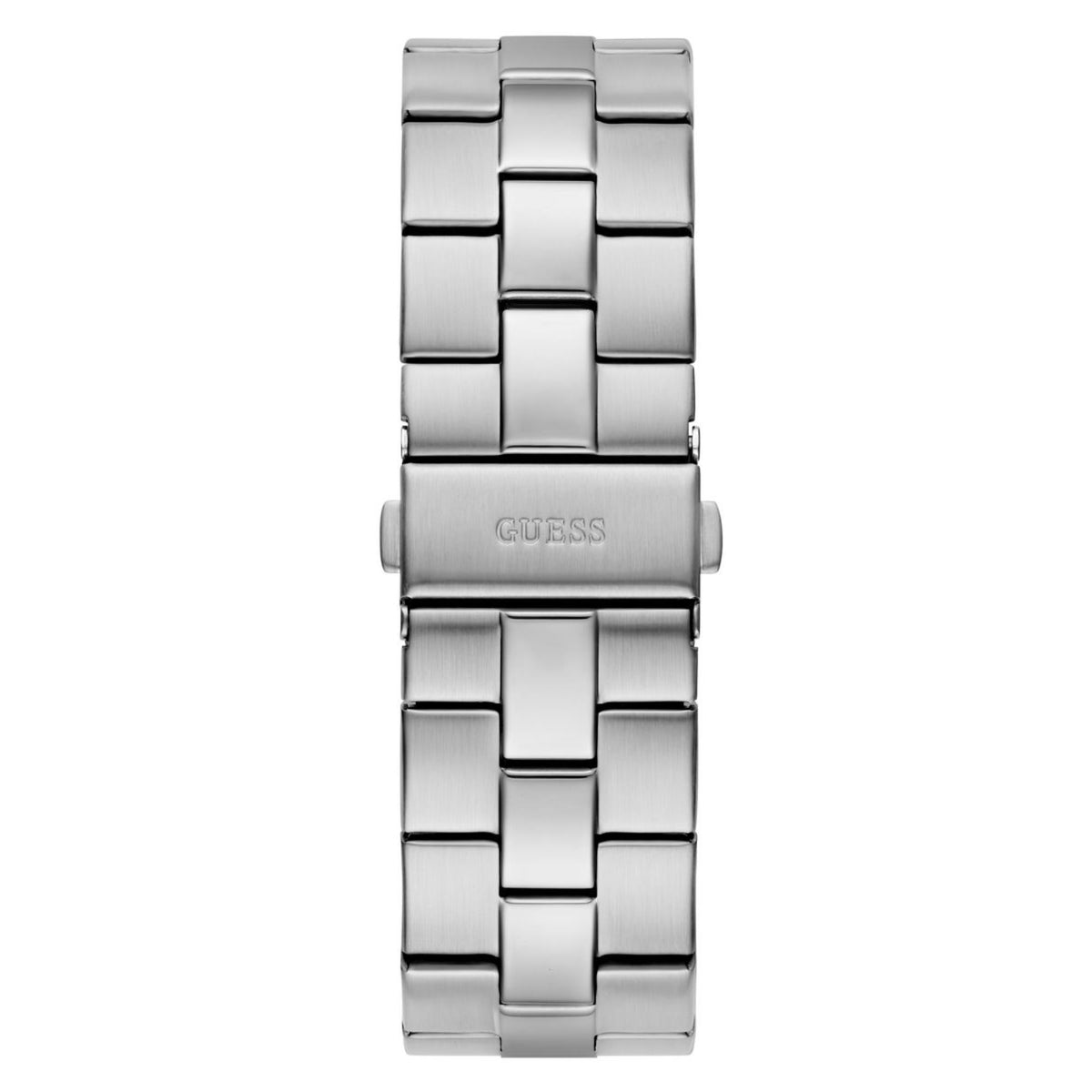 Stainless steel watch bracelet with center clasp and engraved logo on the band