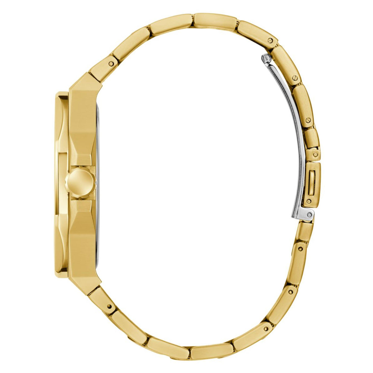 Gold-tone stainless steel watch case with crown and link bracelet, side profile