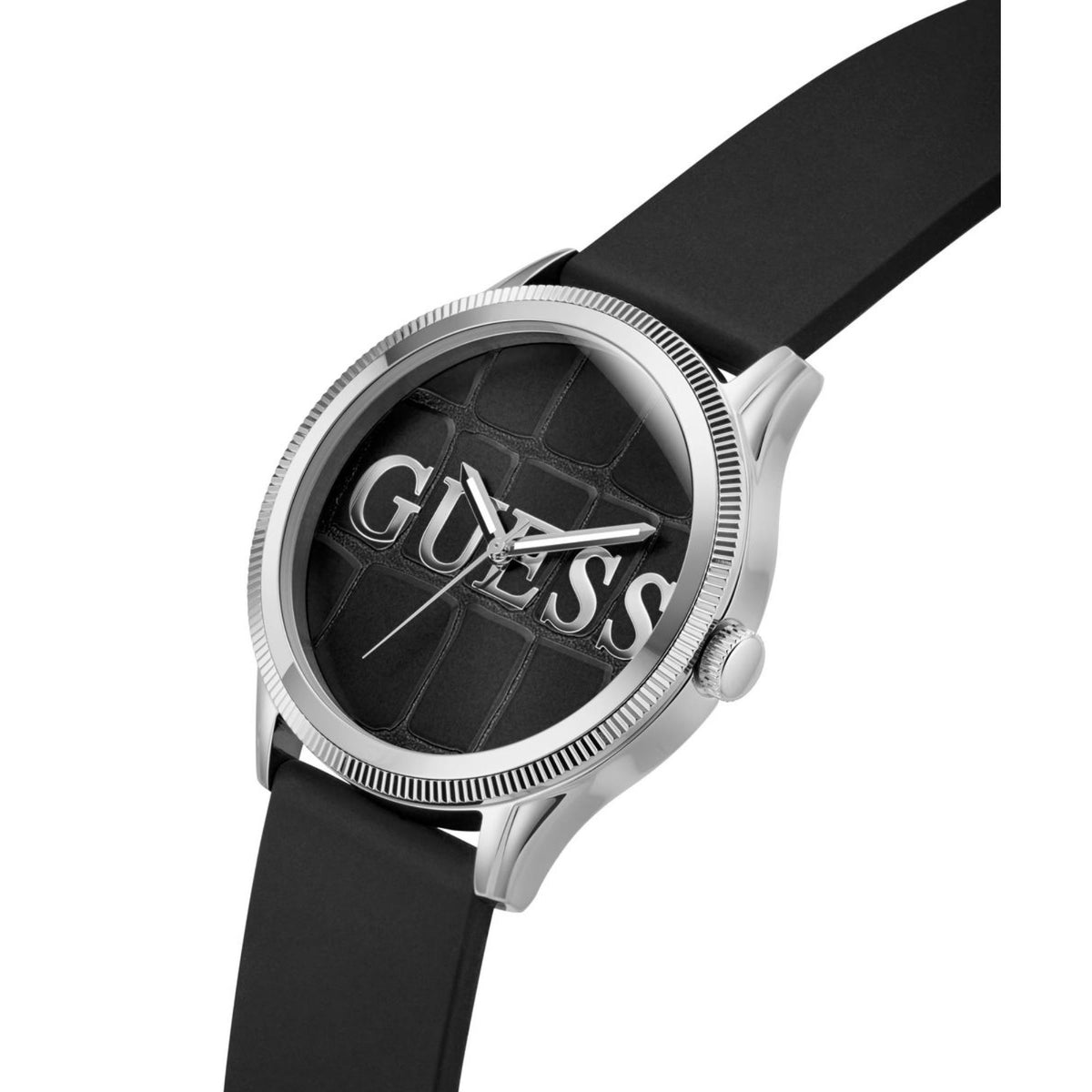 Black dial silicone strap watch side angle, silver case, logo dial and three hands