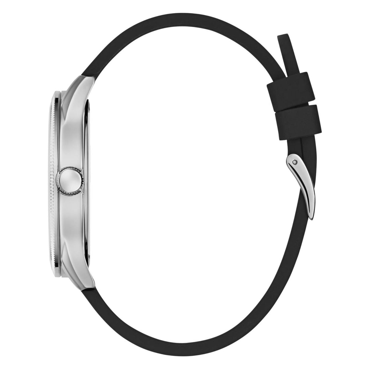 Black silicone watch strap with silver buckle and case side, no dial visible