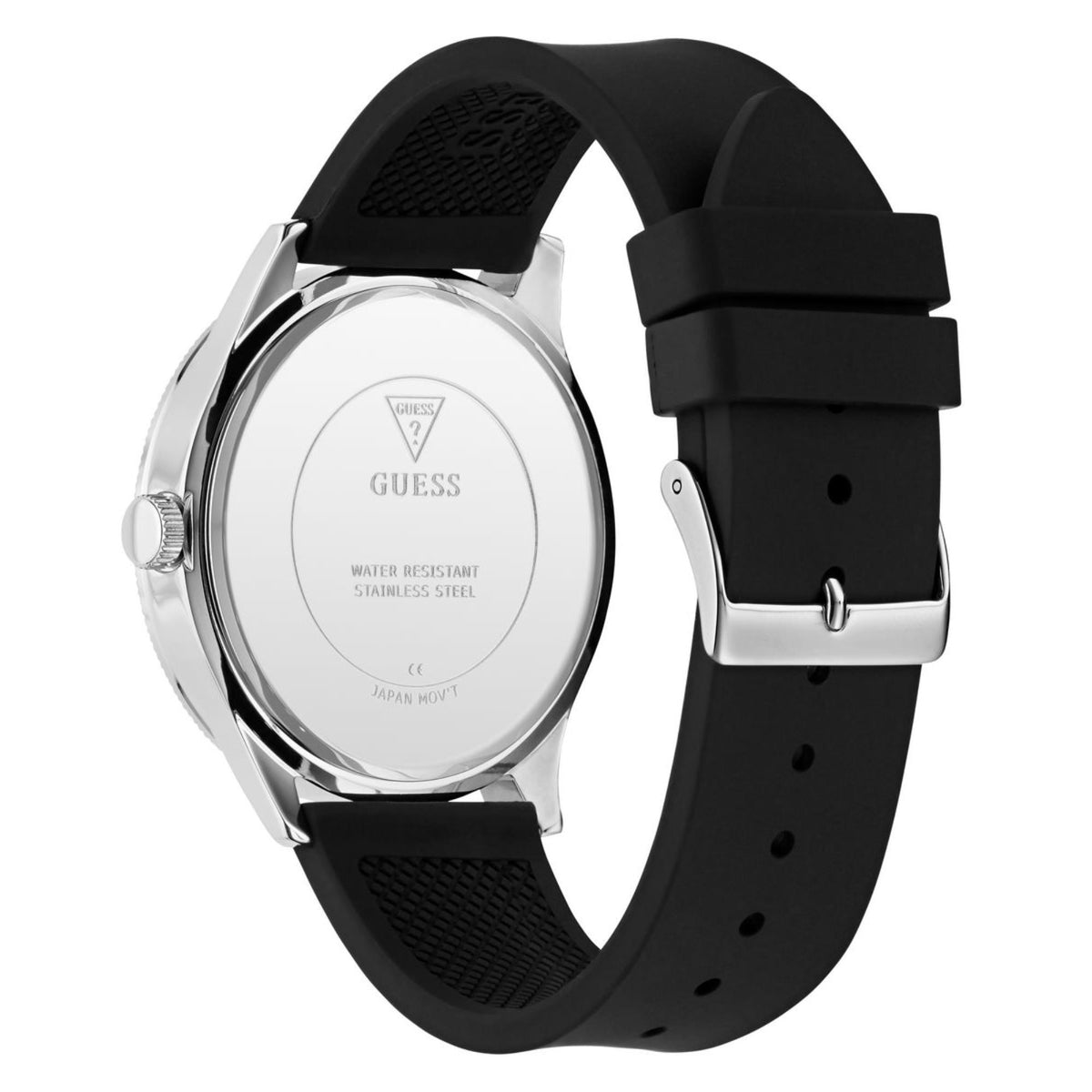 Black silicone strap watch back view with stainless-steel case and pin buckle