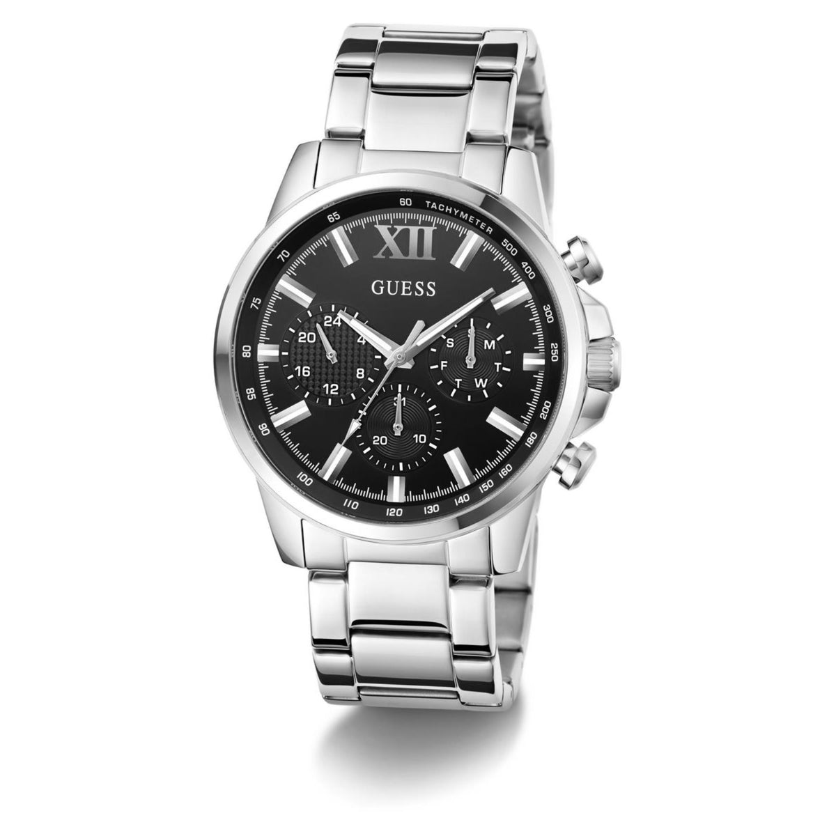 Men's stainless steel watch with black dial, Roman numerals, tachymeter ring, linked bracelet