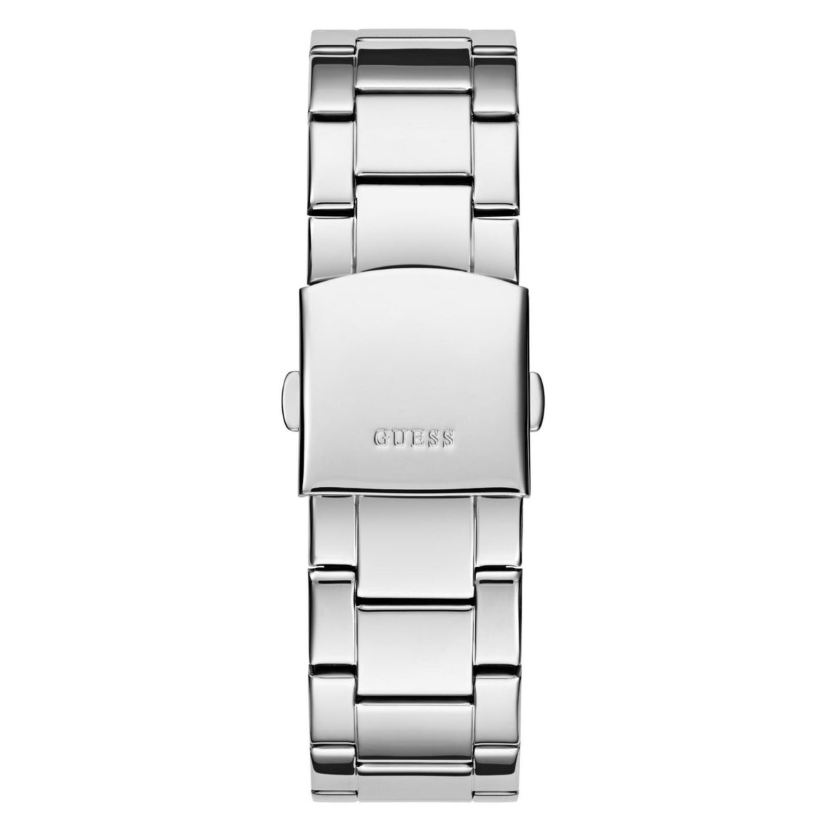 Stainless steel watch case with bracelet, centered rear view
