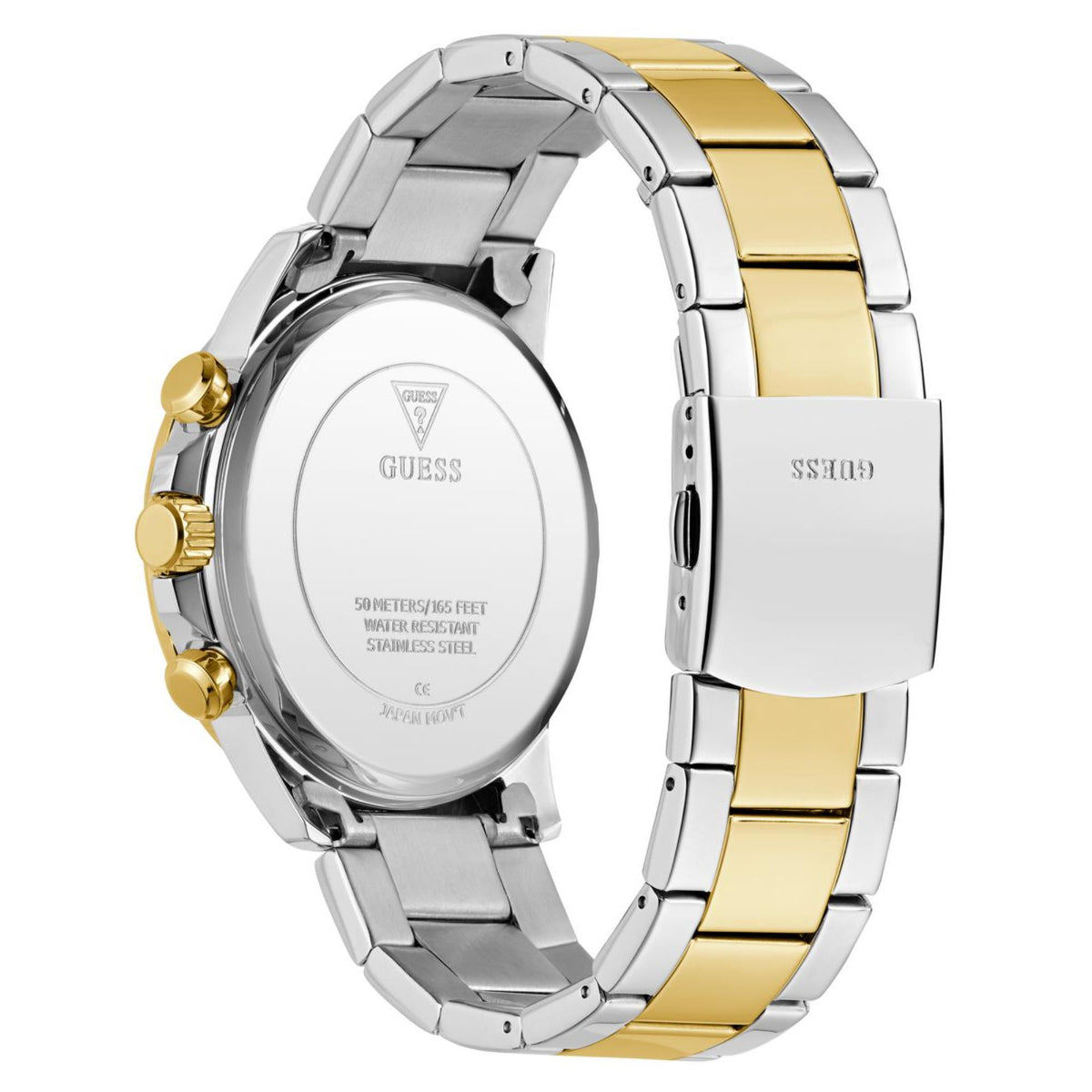 Stainless steel wristwatch back case with engravings and gold-accent two-tone bracelet