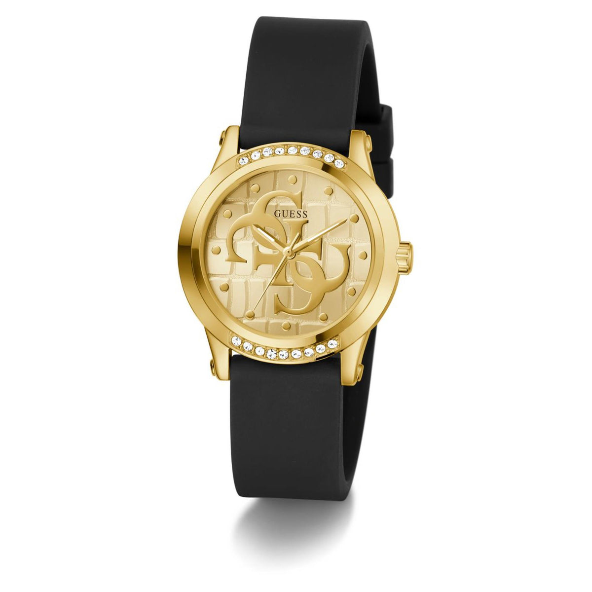Gold-tone Guess women's watch with black silicone strap and jeweled bezel, front view