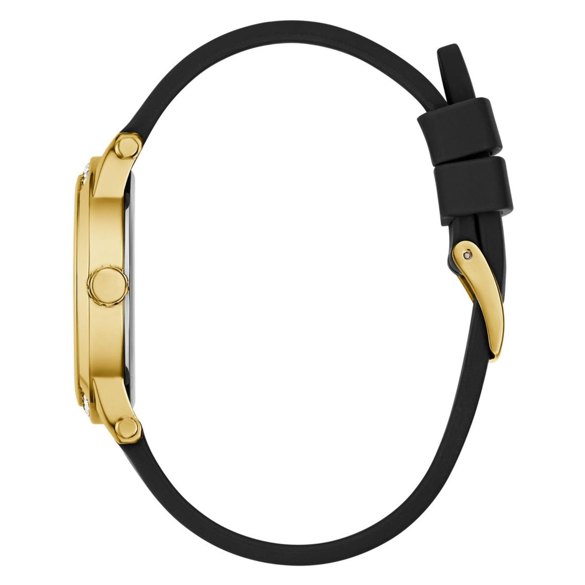 Black silicone watch strap with gold-tone case and buckle, side profile