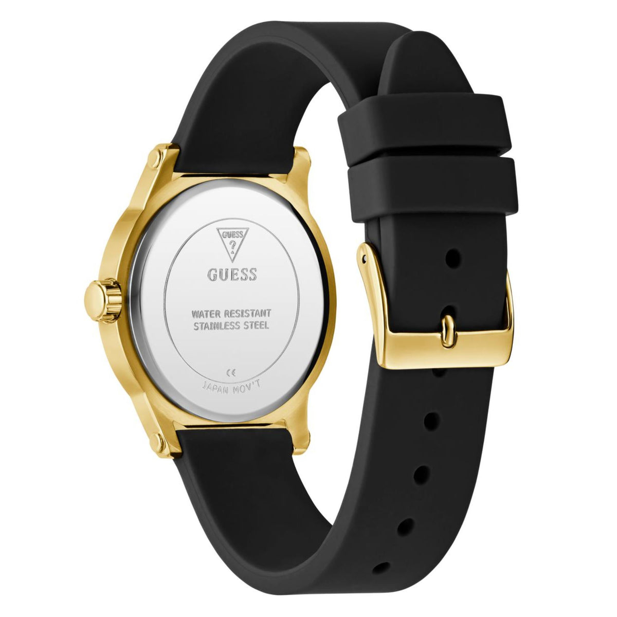 Guess women's watch case back on black silicone strap with gold-tone accents