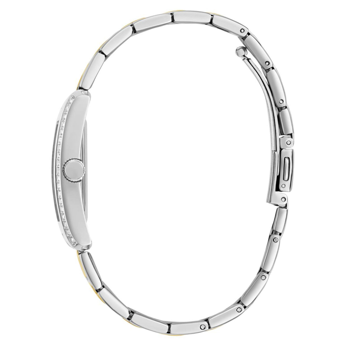 Stainless steel watch case side with crown detail and link bracelet