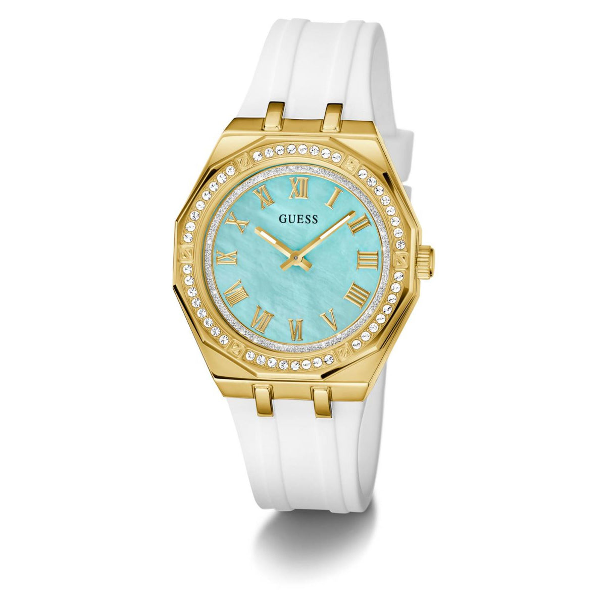 Women’s silicone strap watch with white strap, gold-tone case and gem bezel around turquoise dial
