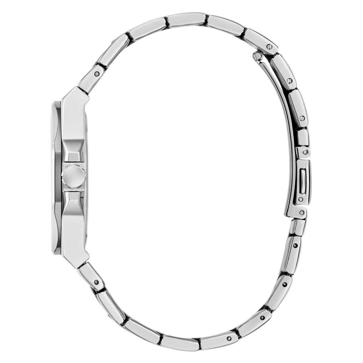 Women's stainless steel watch side profile with linked bracelet band