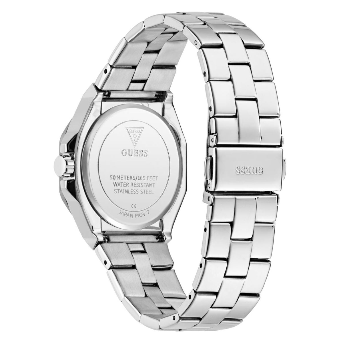 Women's stainless steel watch back view with engraved caseback and linked bracelet