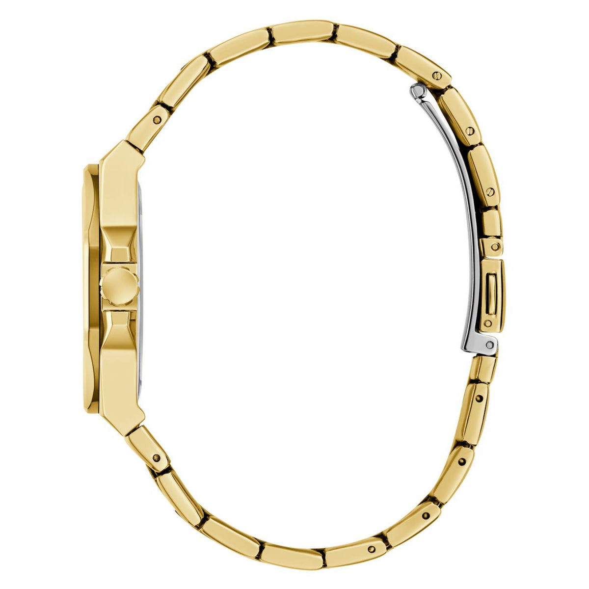 Gold-tone stainless steel women’s watch case and bracelet side profile, no dial visible