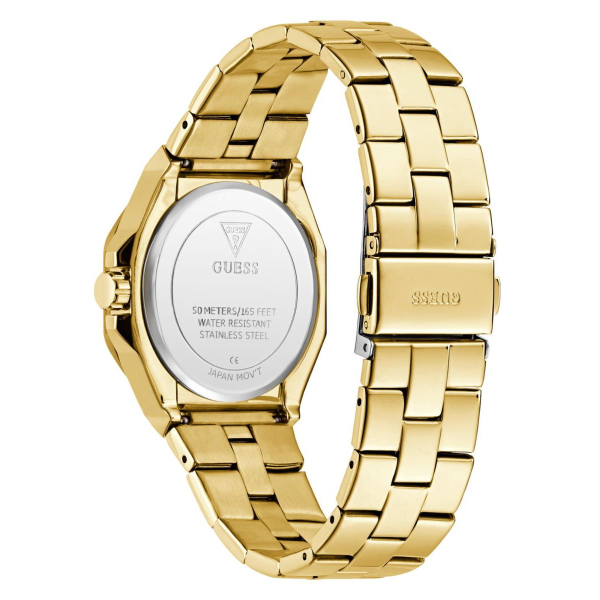 Gold-tone stainless steel women’s watch caseback on bracelet, “GUESS” marked