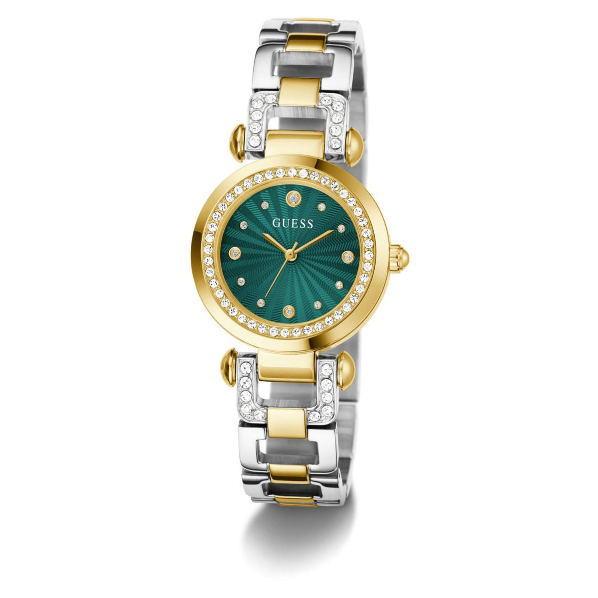 Women's watch front view with teal-green dial, gold round bezel, and two-tone metal link band