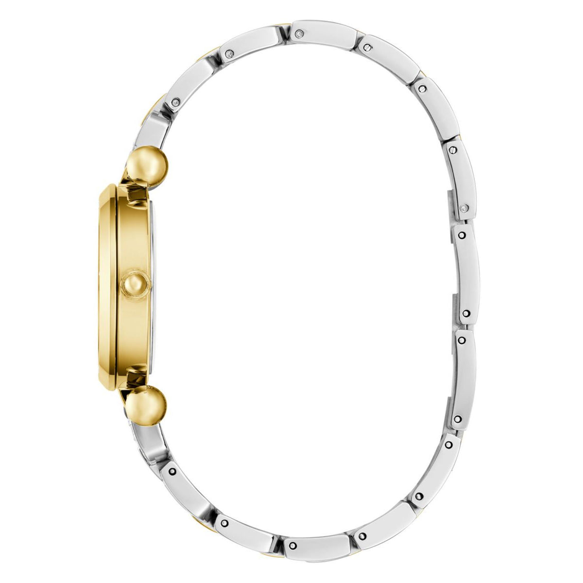 Women's watch back view with oval two-tone case and silver link bracelet with gold accents