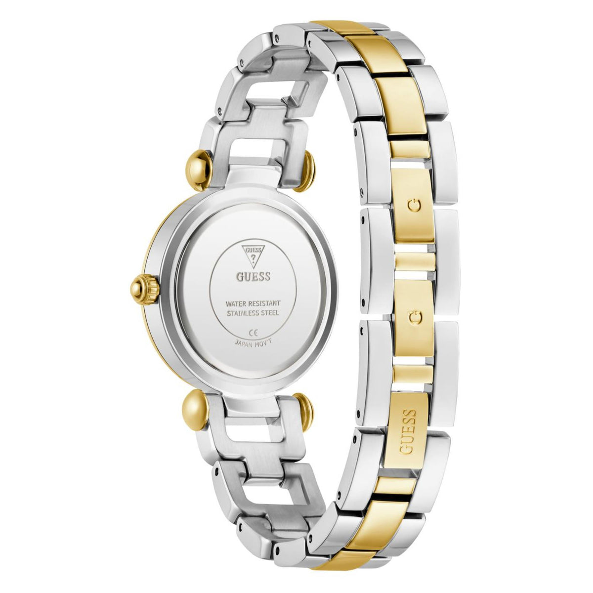 Women's watch caseback with 'GUESS' logo and water resistance text, two-tone link bracelet