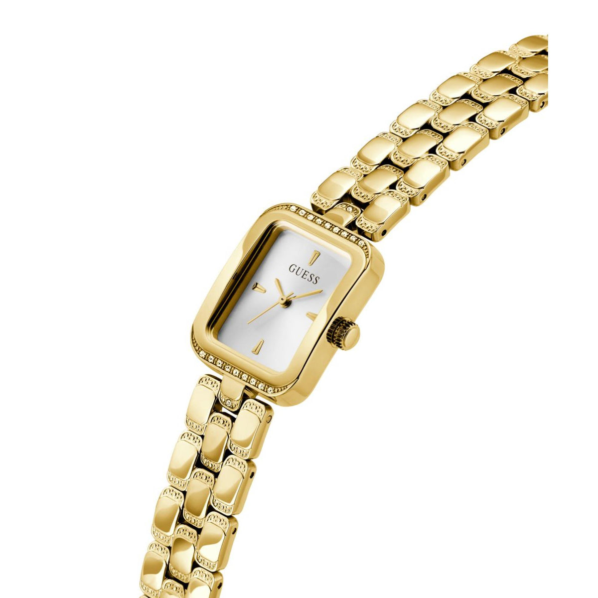 Gold-tone square Guess watch on link bracelet, white dial with gold markers and hands