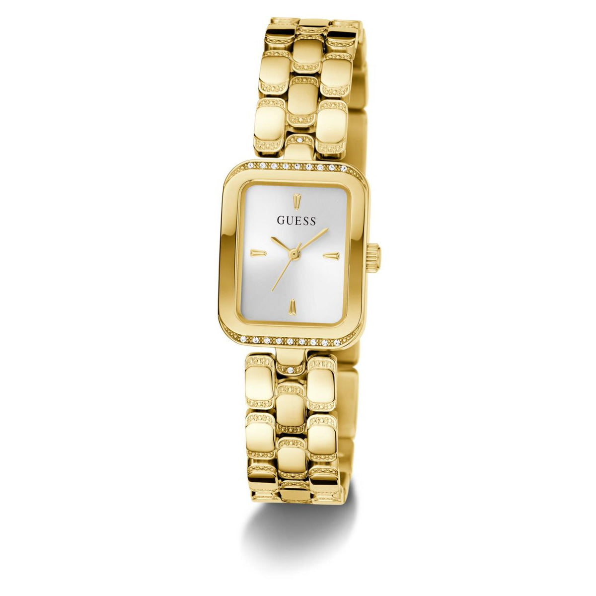Guess square watch with gold-tone bracelet, white dial, crystal bezel, crown at 3 o'clock