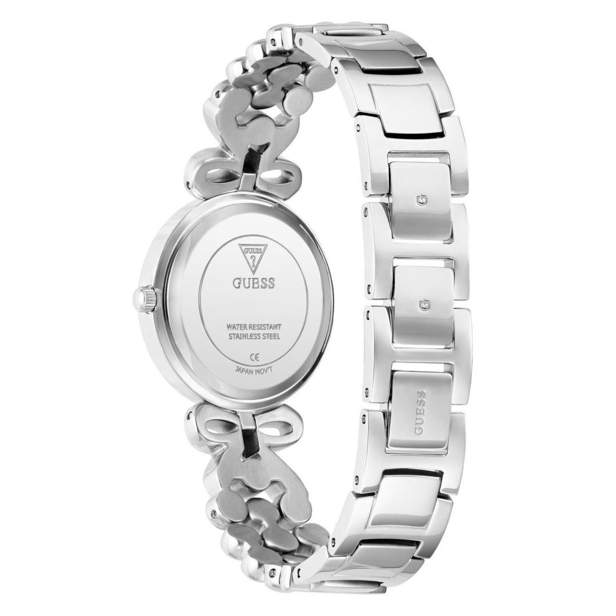Silver watch caseback with Guess logo and engraved water-resistance, plus bracelet links