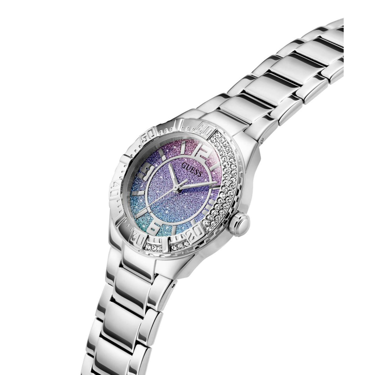 Women’s stainless steel wristwatch angled view, purple-blue dial with crystal outer ring