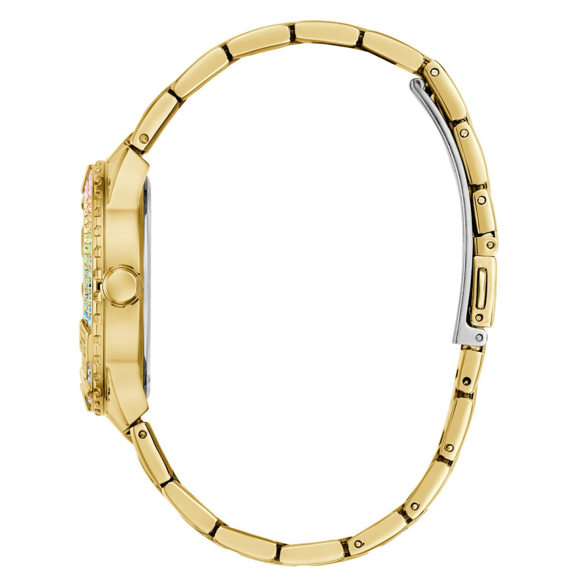 Gold-tone women's wristwatch showing side case and ridged metal link bracelet