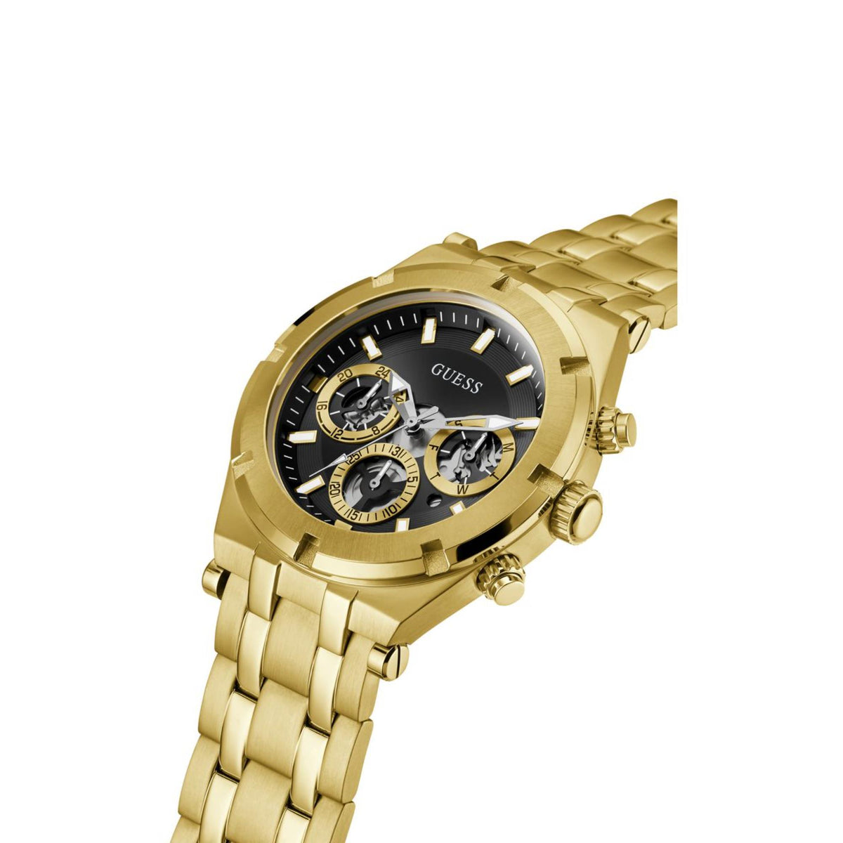 Men's gold-tone wristwatch with black dial, crown on side, and multi-dial detailing