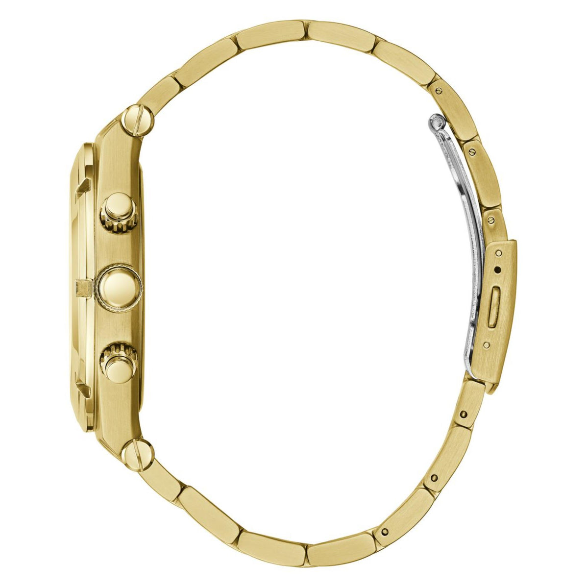 Men's gold-tone stainless steel watch back view with linked bracelet and side crown