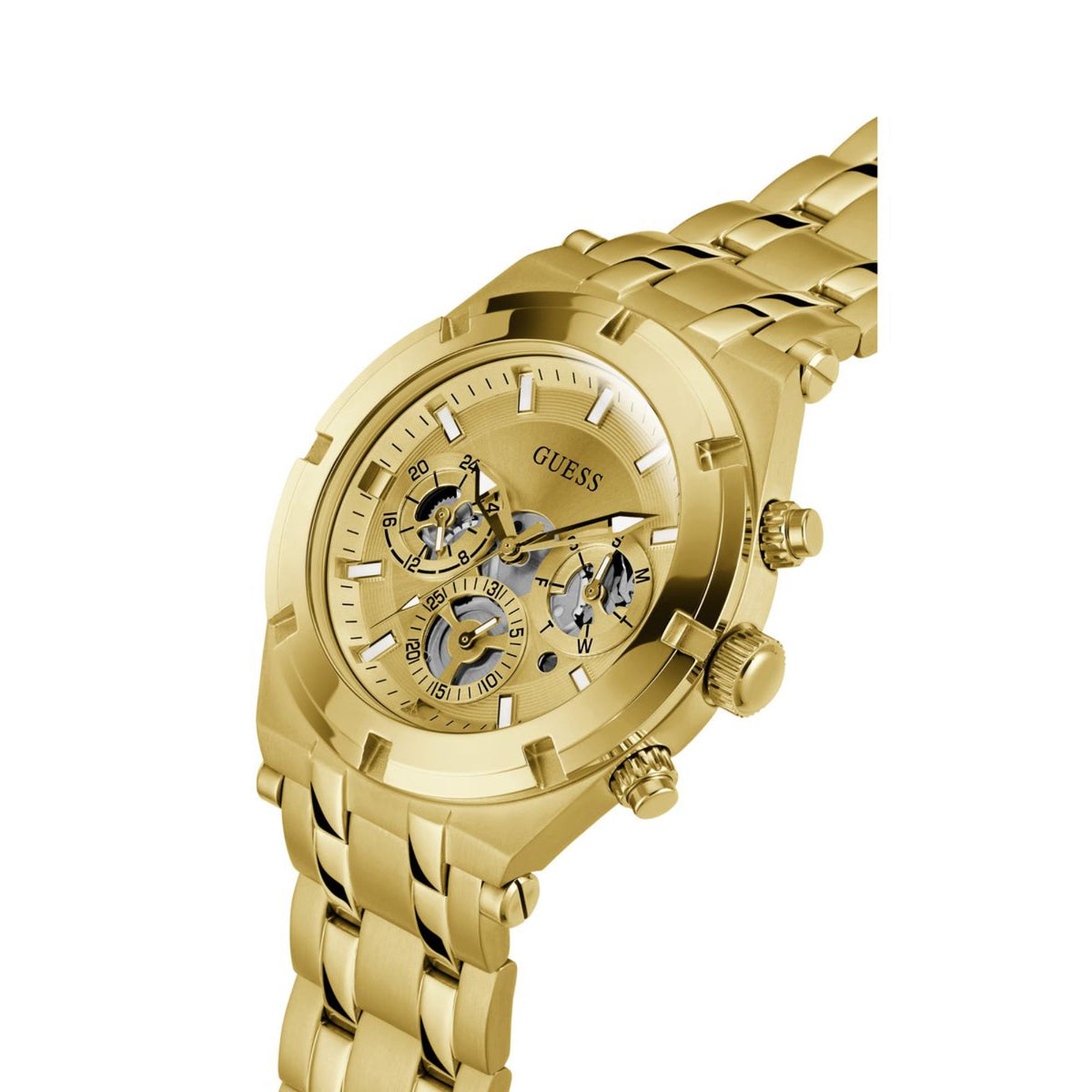 Men's gold-tone stainless steel watch close-up of champagne dial and subdials