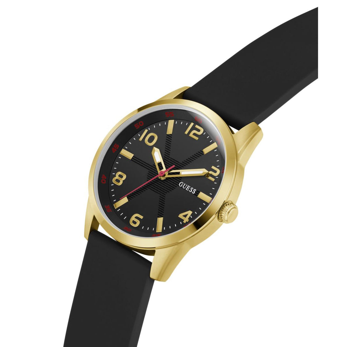 Men's black silicone strap watch angled view, gold case with black dial and red markers