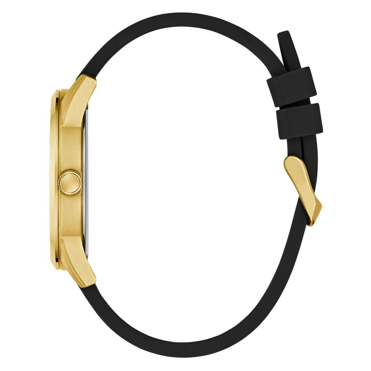 Black silicone watch strap with gold-toned case side and buckle clasp