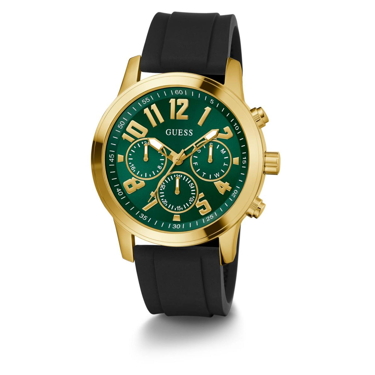 Gold-tone men's watch with green dial and black silicone strap, angled view with subdials