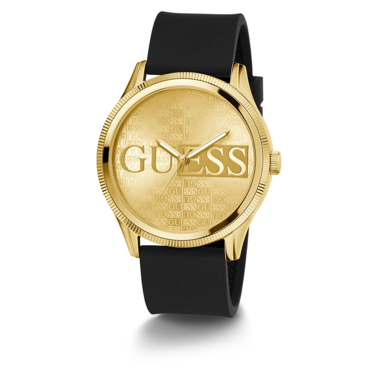 Men's black silicone strap watch with gold case and champagne textured dial