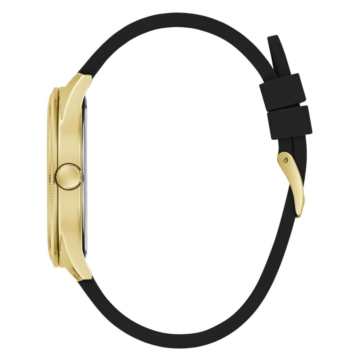 Black silicone watch strap with gold-tone case and pin buckle, side view