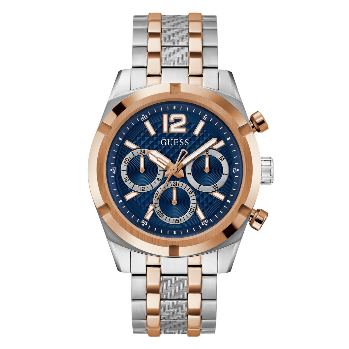 Men's wristwatch with blue dial, rose-gold bezel, and two-tone stainless steel bracelet.