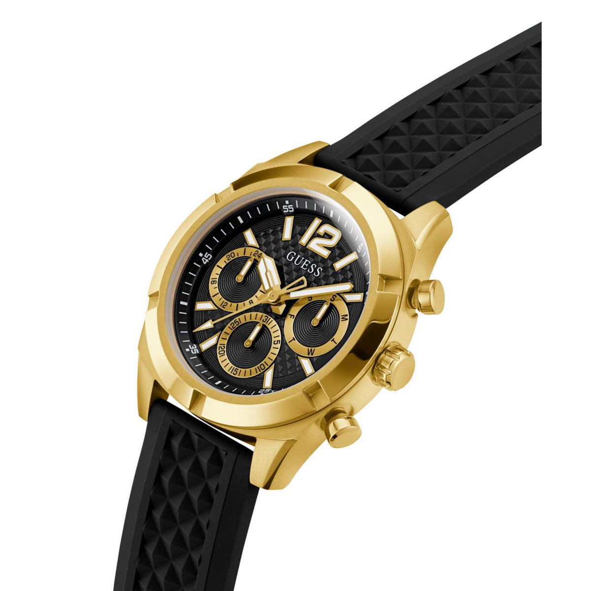 Men's gold-tone chronograph watch with black dial, black silicone strap, and side buttons.